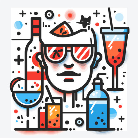 Alcoholic cocktail party in flat style. Vector illustration of a man with glasses and bottle of wine.のイラスト素材