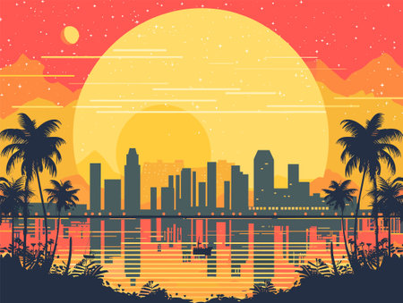Sunset on the beach with palms and skyscrapers. Vector illustration.のイラスト素材