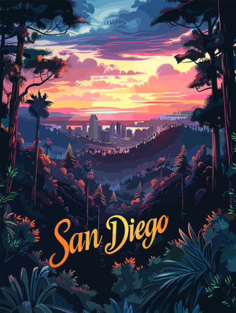 Sunset over San Diego city. Vector illustration in cartoon style.のイラスト素材