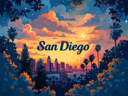 Cityscape of San Diego at sunset. Vector illustration in flat styleのイラスト素材