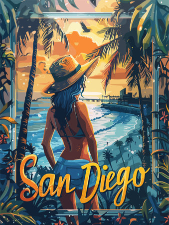 Beautiful girl in a swimsuit and a hat on the background of the sea. Vector illustration.のイラスト素材