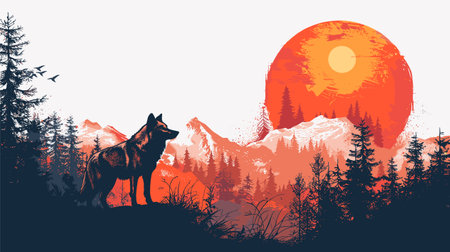 Silhouette of wolf in the mountains at sunset. Vector illustrationのイラスト素材