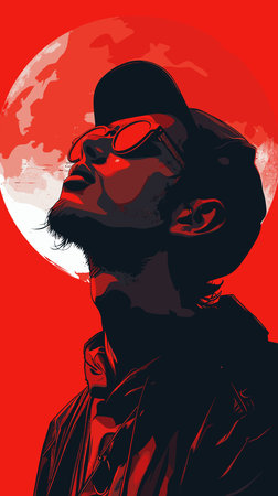 Vector illustration of a man in a red coat, sunglasses and hat.