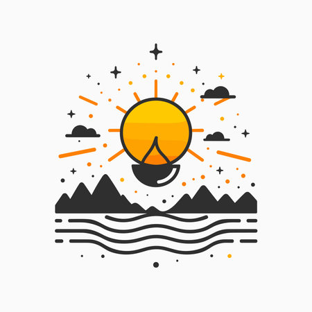 Vector illustration, flat linear design icon of light bulb with sea and mountain on background.のイラスト素材