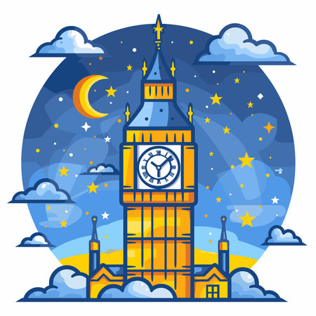 Vector illustration of Big Ben at night. Flat style design for web and print.のイラスト素材