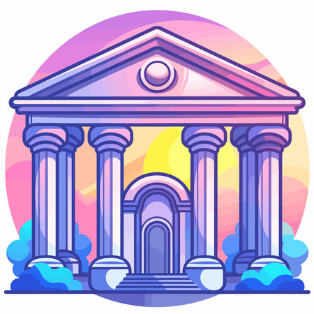 Vector illustration of ancient Greek temple on colorful background. Cartoon style.のイラスト素材