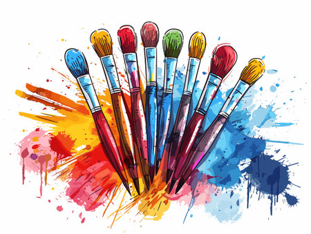 Paint brushes on abstract watercolor background. Vector artistic illustration.のイラスト素材