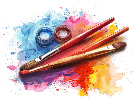 Paint brushes on colorful watercolor paint splash. Vector illustration.のイラスト素材