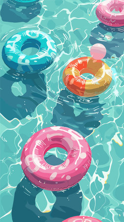 Swimming pool with colorful inflatable rings. Vector illustration for your design