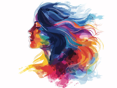 Beautiful woman face with colorful watercolor splashes. Vector illustration.のイラスト素材