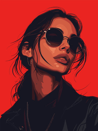 Beautiful girl in black leather jacket and sunglasses. Vector illustration.