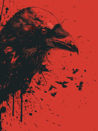 Vector illustration of a crow on a red background. Grunge style.のイラスト素材