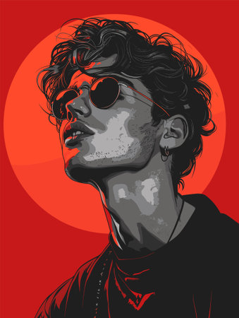 Portrait of a man with sunglasses on a red background. Vector illustration.