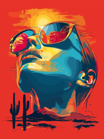 Illustration of a cactus head with sunglasses on a red backgroundのイラスト素材