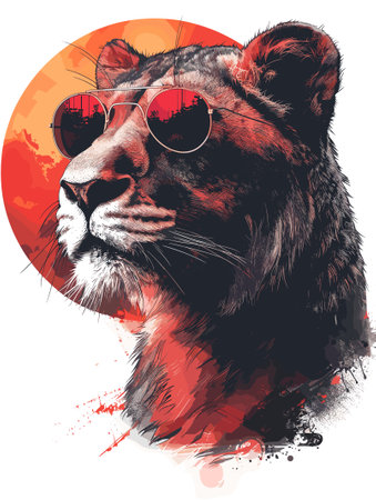 Vector illustration of a portrait of a lioness with red sunglasses on a white background.のイラスト素材