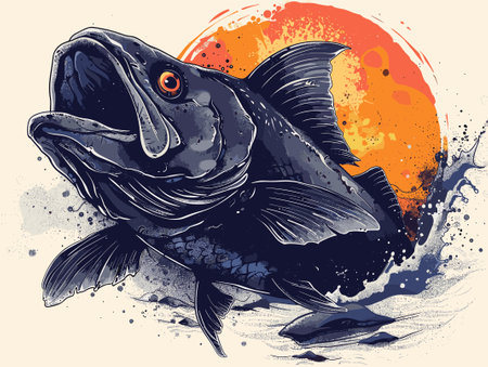 Vector illustration of a big black fish on the background of the sunのイラスト素材