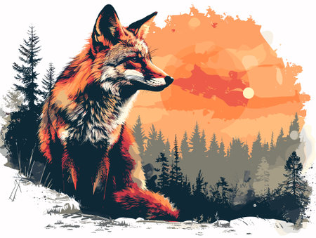 Vector illustration of a wild red fox in the forest at sunset.のイラスト素材