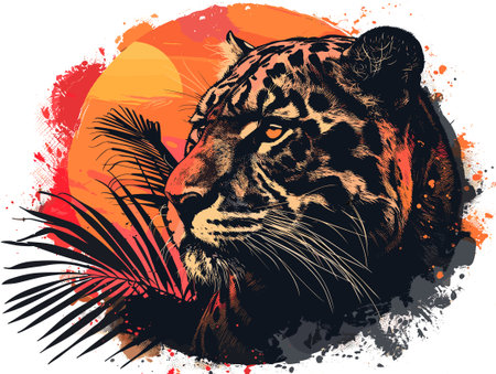 Tiger and palm leaves on grunge background. Vector illustration.のイラスト素材