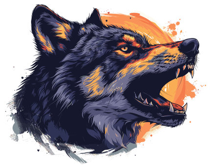 Illustration of a wolf howling on an orange background. Vector illustrationのイラスト素材
