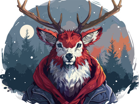 Portrait of a deer in the winter forest. Vector illustration.のイラスト素材