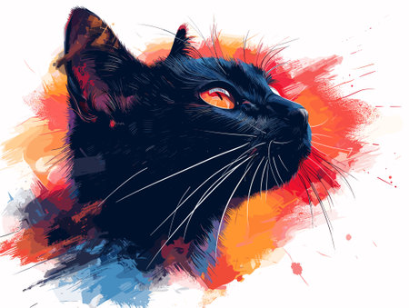 Black cat with red and orange spots on a white background. Vector illustrationのイラスト素材
