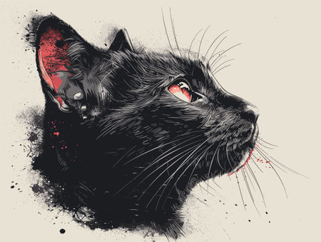 Vector illustration of a black cat with red blood on the face.のイラスト素材