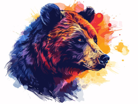 Brown bear head with colorful watercolor splashes. Vector illustration.のイラスト素材