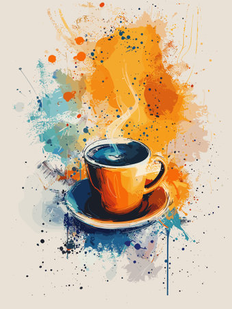 Cup of coffee on grunge watercolor background. Vector illustrationのイラスト素材
