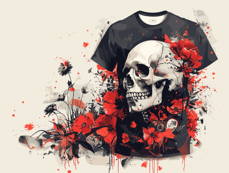 Skull with flowers and t-shirt, grunge vector illustrationのイラスト素材