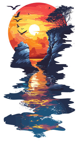 Beautiful sunset over the sea and mountains. Vector illustration in retro style.のイラスト素材
