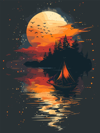 Beautiful sunset on the lake with a boat. Vector illustration.のイラスト素材