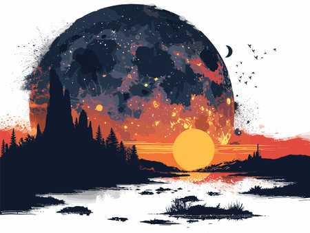 Grunge night landscape with big full moon and sun. Vector illustration.のイラスト素材