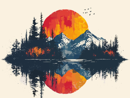 Mountains and lake in the forest. Grunge vector illustration.のイラスト素材