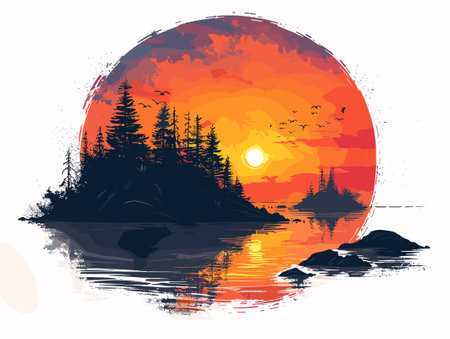 Silhouette of forest on the lake at sunset. Vector illustrationのイラスト素材