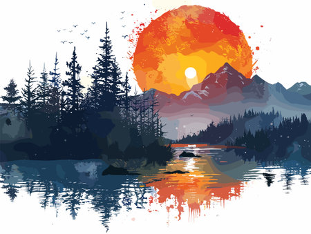 Sunset over the lake in the forest. Vector illustration for your designのイラスト素材