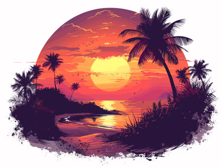 Tropical sunset on the beach with palm trees. Vector illustration.のイラスト素材