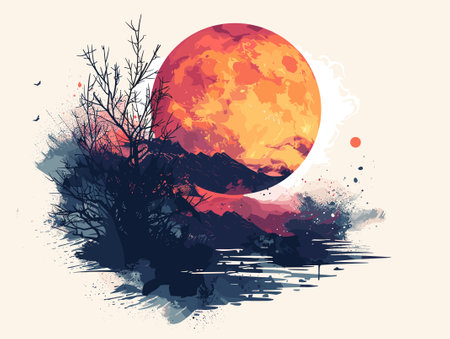 Grunge landscape with a full moon in the sky. Vector illustration.のイラスト素材