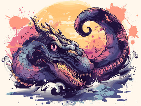Dragon head with grunge splashes and blots. Vector illustration.のイラスト素材