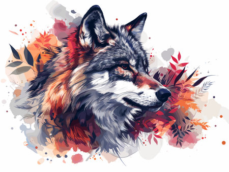 Watercolor portrait of a wolf with autumn leaves. Vector illustration.