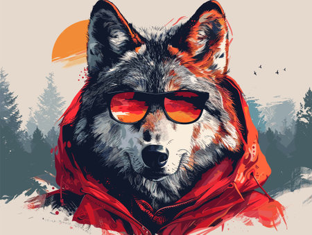 Portrait of a wolf in red jacket and sunglasses. Vector illustration.