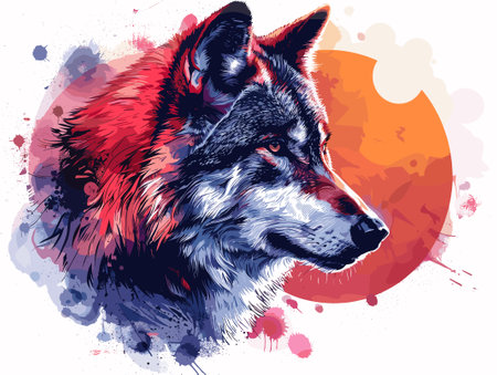 Wolf portrait. Hand drawn vector illustration with watercolor splashes.のイラスト素材