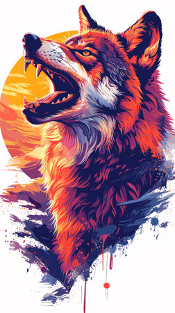 Illustration of a wolf howling in front of a sunset.