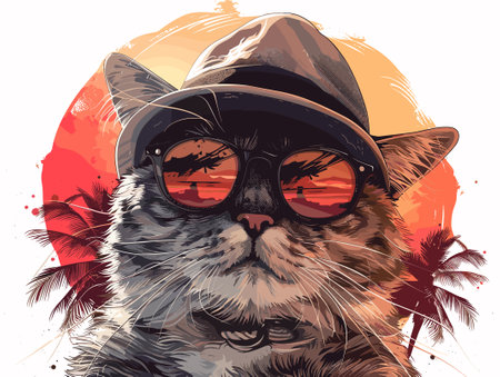 Portrait of a cat in a hat and sunglasses on a background of palm trees.のイラスト素材