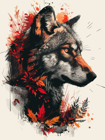 Illustration of a wolf with autumn leaves on a grunge background