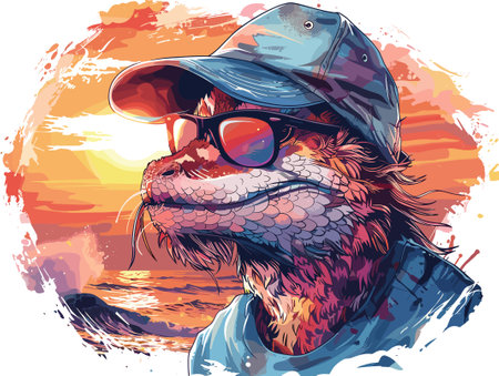 Vector illustration of a lion in a cap and sunglasses on the background of the sea.のイラスト素材