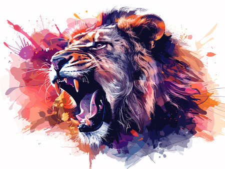 Lion head on colorful watercolor splashes background. Vector illustration.のイラスト素材