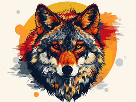Wolf head vector illustration. Hand drawn portrait of a wolf head on colorful background.のイラスト素材