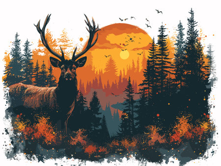 Deer on the background of the forest. Vector illustration in grunge styleのイラスト素材