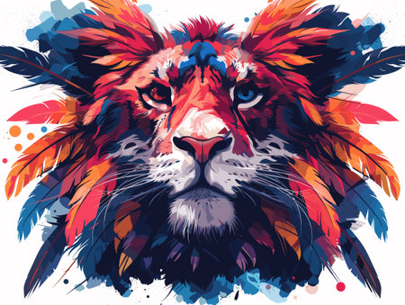 lion head with colorful feathers on a white background. vector illustrationのイラスト素材