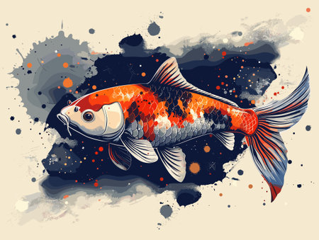 Vector illustration of a goldfish on grunge background with watercolor stainsのイラスト素材